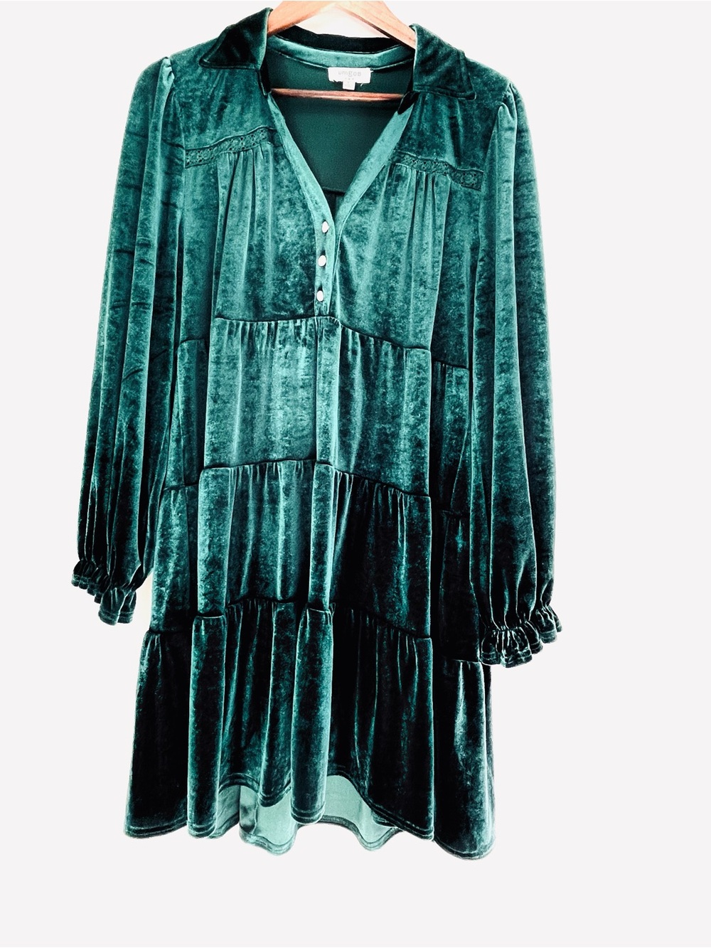 Umgee Velvet Tiered Dress Boho Emerald Green Excellent For Holiday L